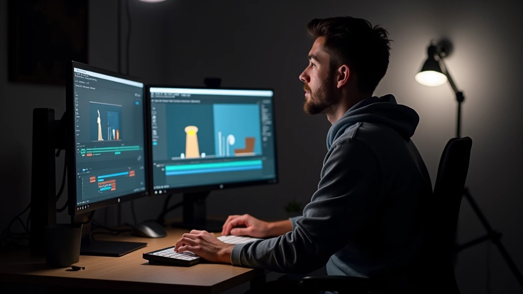 Motion graphics animator werkt aan animatieproject op computer met gekleurde timeline en laagenpaneel
