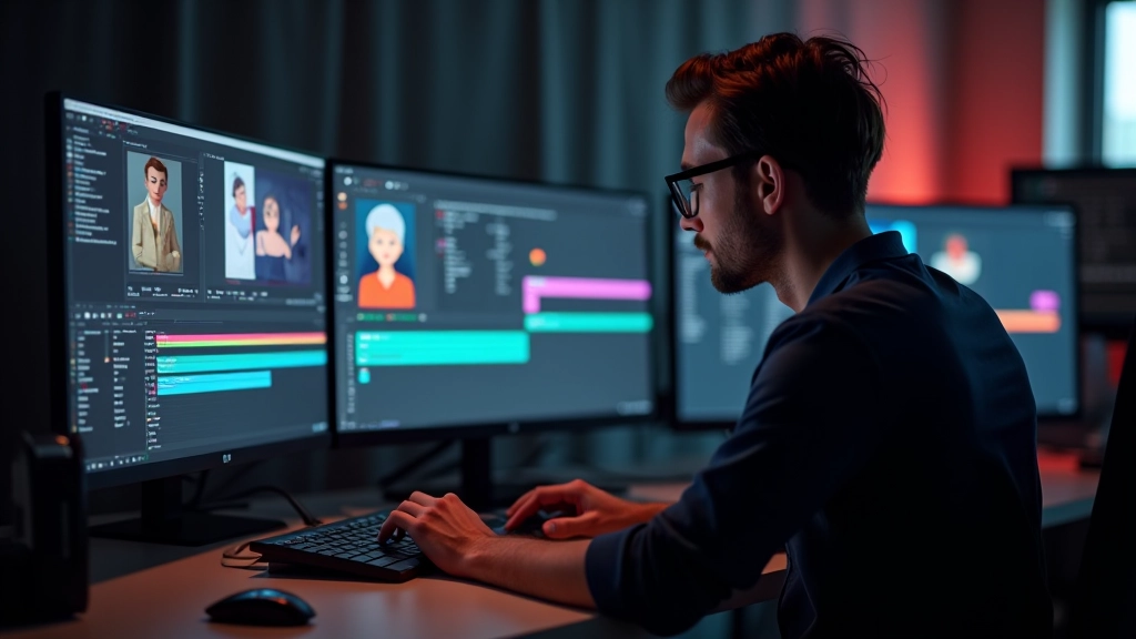 Animator werkt aan computer met animatieprogramma, kleurrijke timeline zichtbaar op scherm
